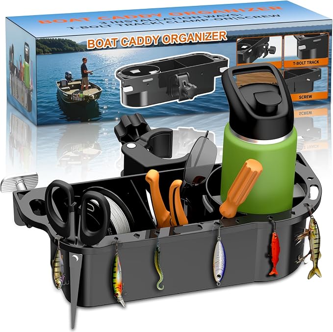 Boat Caddy Organizer, 3-in-1 Mount (Screw/Fishing Boat Track/Clamp-On), Removable Divider Card & Anti-Slip Pad, Fits 40oz Tumbler, for Boat Kayak Tree Stand Bicycle Walker Wheelchair