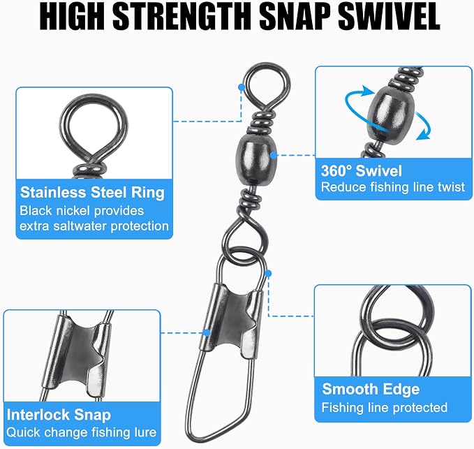 OROOTL Fishing Barrel Swivel Snap Kit, 100pcs Barrel Swivel with Safety Snaps Multiple Size Stainless Steel Copper Snap Swivels Quick Connect Fishing Tackle Accessories Box for Saltwater Freshwater
