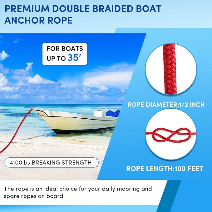 Boat Anchor Rope 100 ft x 1/2 inch Red, Double Braided Anchor Line with Stainless Steel Thimble & Shackle, Marine Rope Ideal for Towing,Mooring,Decks,Anchoring,for Boats Up to 35'