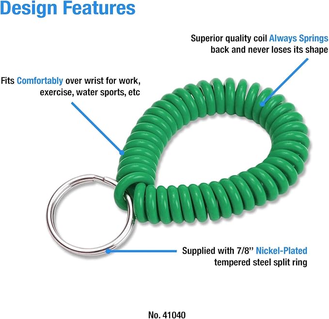 Lucky Line 2” Diameter Spiral Wrist Coil with Steel Key Ring, Flexible Wrist Band Key Chain Bracelet, Stretches to 12”, Green 10 PK (41040)