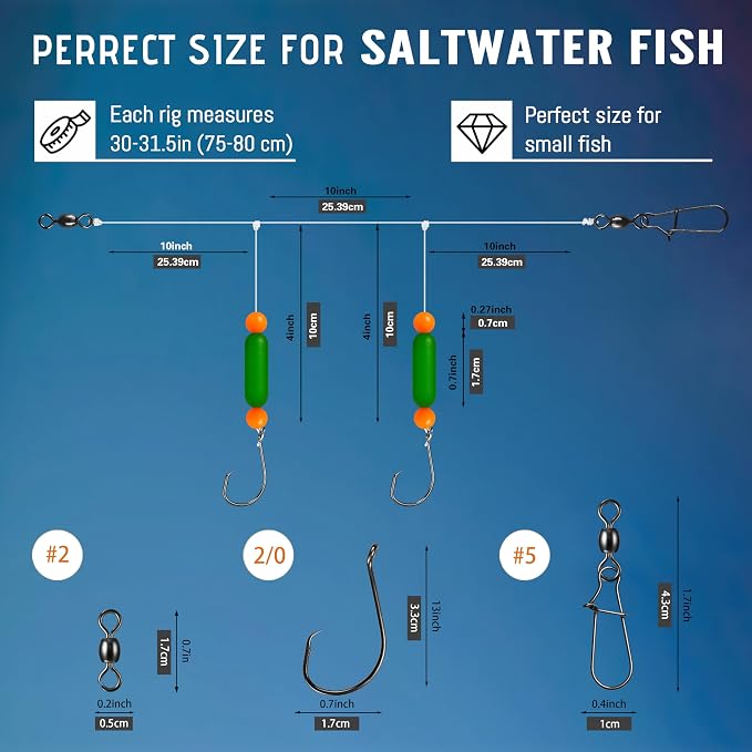 Pompano Rig Saltwater Surf Fishing Rigs – Double Drop Leader Rigs with Hooks, Floats, Beads & Snap – Easy Pre-Tied Terminal Tackle for Pompano, Whiting, Redfish