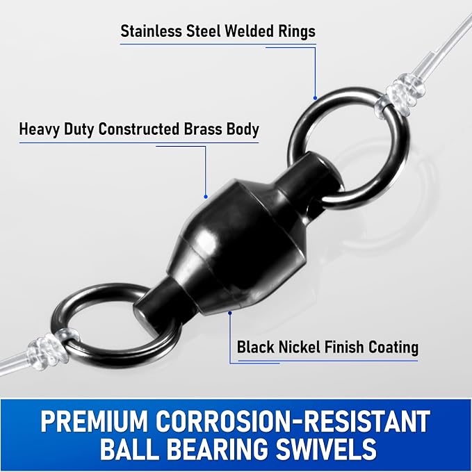 Alwonder 30-Pack Fishing Swivels Ball Bearing Swivels Fishing Tackle, High Strength Stainless Steel Solid Welded Rings Barrel Swivel Hook Line Connector with Black Nickel Coating Saltwater Freshwater