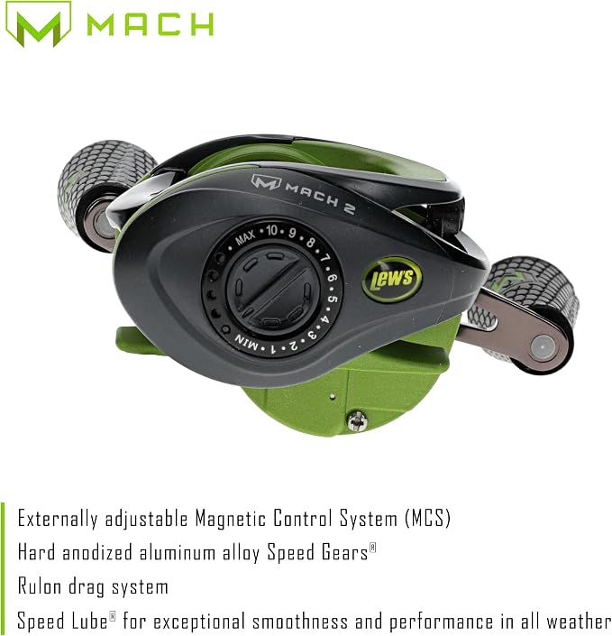 Lew's Mach 2 Baitcast Reel, 9+1 Stainless Steel Ball Bearings, 7.5:1 Gear Ratio, Left-Hand Retrieve, Black/Green