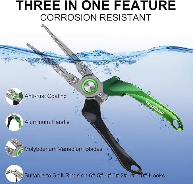TRUSCEND Easy Use Lockable Fishing Pliers with Tungsten Carbide Cutter, Innovative Ergonomic Handy Handle, Saltwater Corrosion Resistant Teflon Coated Fishing Tool, Light Multi-Function Fishing Gear