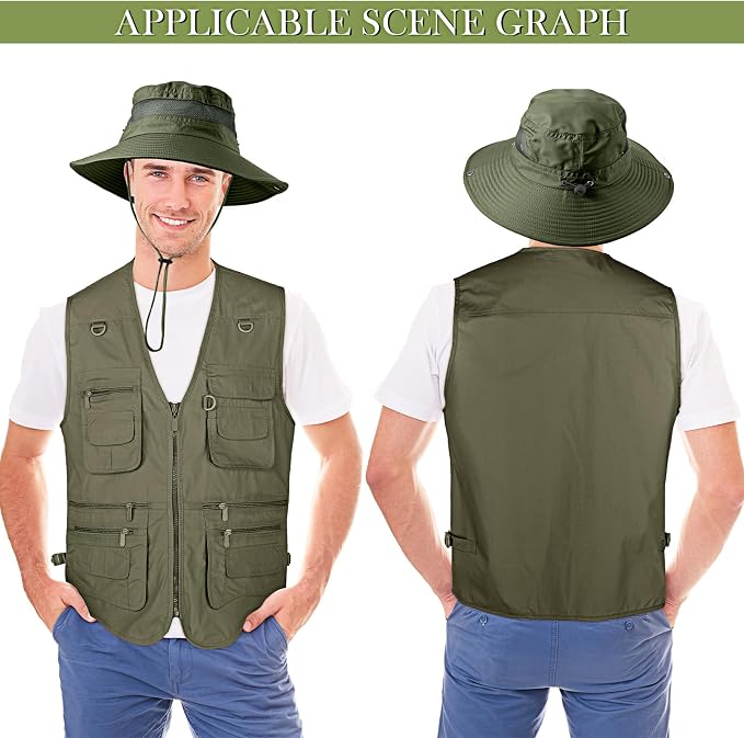 Janmercy 2 Pieces Men's Work Fishing Vest with Hat Lightweight Safari Travel Hunting Waistcoat With Multi Pockets Fishing Hat