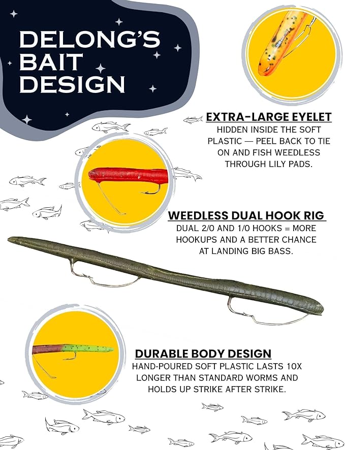 DeLong Lures 6" KILR Worm – Made in USA Weedless Pre-Rigged Soft Plastic Swimbaits, Extra Durable Bass Fishing Lures for Pike and More, 5-Pack Variety