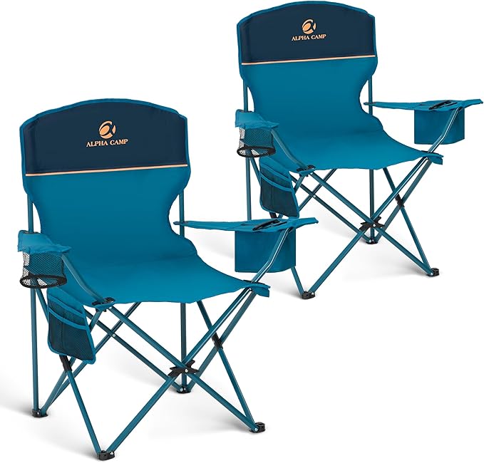 ALPHA CAMP 2-Pack Camping Chair with Cooler Bag, Heavy Duty 250lbs Capacity Folding Chair with Lumbar Support & Side Pocket, Portable Quad Chairs for Beach Fishing Tailgating & Sideline Sport