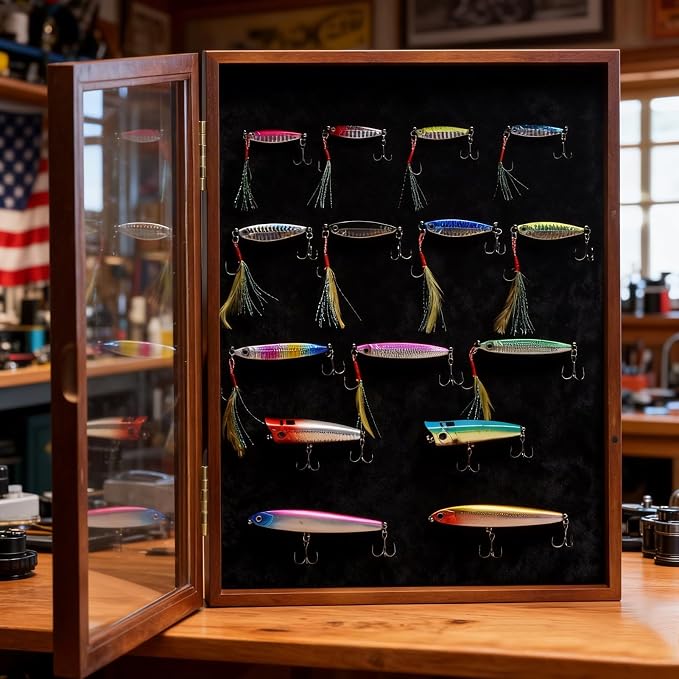 Fishing Lure Display Case Wall & Tabletop Tackle Storage Cabinet, Large Shadow Box for Bait & Lure Collection,Multi-Purpose Organizer,Fishing Gifts for Men,Home & Garage Decor
