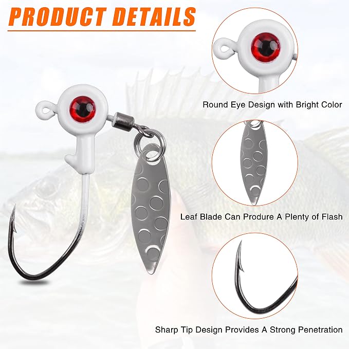 Crappie Jig Heads Fishing Lures Kit, 15pcs Underspin Jig Heads with Spinner Blade Crappie Lures Eye Ball Head Painted Fishing Jigs for Bass, Trout, Panfish, Sunfish