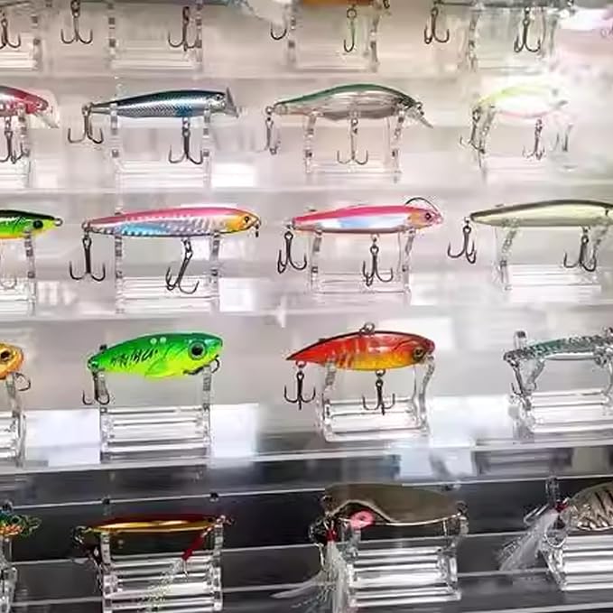 Fishing Lure Display Case, 25Pcs Clear Fishing Lure Display Stand, Decorative Bait Showing Stand Shelf Holder for Store, 1.8x1.2x1.5in.