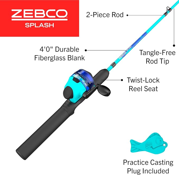Zebco Kids Splash Jr. Spincast Reel and Fishing Rod Combo, 4-Foot 2-Piece Fishing Pole, Right-Hand Retrieve, Pre-Spooled with 6-Pound Cajun Line