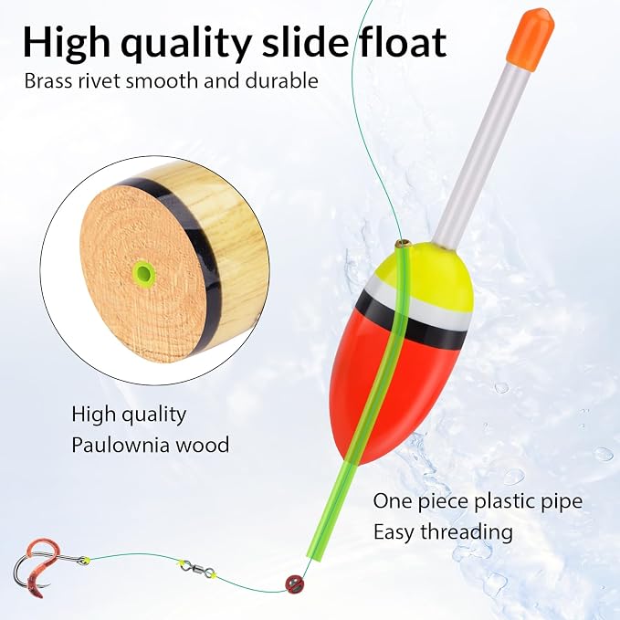 QualyQualy Lighted Fishing Slip Bobber 4-5Pcs Wood/EVA Fish Float + 8-10Pcs Glow Sticks, Night Fishing Light Up Slip Bobber for Crappie Bass Panfish Catfish Walleye