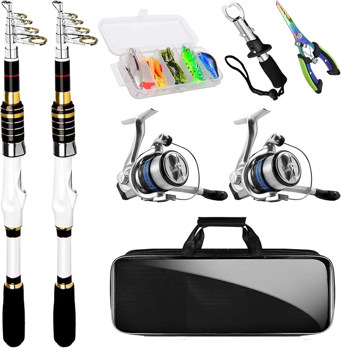 Telescopic Fishing Rod and Reel Combo, 2PCS Collapsible Fishing Pole with Spinning Reel Lures and Carrier Bag for Saltwater Freshwater Bass Fishing Gear