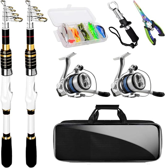 Telescopic Fishing Rod and Reel Combo, 2PCS Collapsible Fishing Pole with Spinning Reel Lures and Carrier Bag for Saltwater Freshwater Bass Fishing Gear