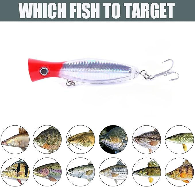 Popper Fishing Lure Set, 3 PCS Topwater Popper Lures 3D Eyes Fishing Accessories for Saltwater Surface Casting and Freshwater Fishing Gt Tuna Kingfish Large Predator Fish (5.11in, 1.48Oz)