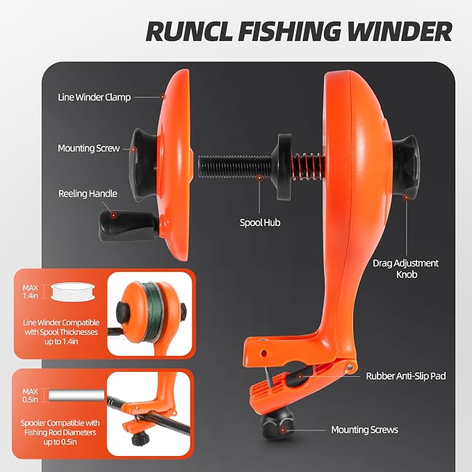 RUNCL Fishing Line Spooler – Portable Winder & Reel Spooling Tool for Casting and Spinning Reels, Prevents Line Twist, Non-Slip Handle with Built-in Scissors, Fishing Accessories for Anglers