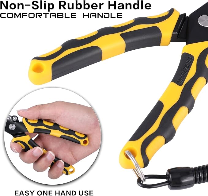 Sougayilang Fishing Pliers,Sheath and Lanyard Tungsten Carbide Cutters,420 Stainless Steel Fishing Tools,Saltwater Resistant Fishing Gear with Rubber Handle-7.5'' Split Ring Nose - Yellow