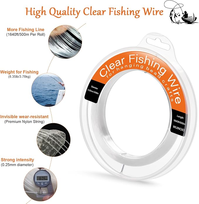 Clear Fishing Line Wire 755 ft, Invisible Monofilament Fishing Line Wire, Nylon String for Hanging Balloons Garland Crafts Picture Decorations, Clear String Threads Cords WUINOID