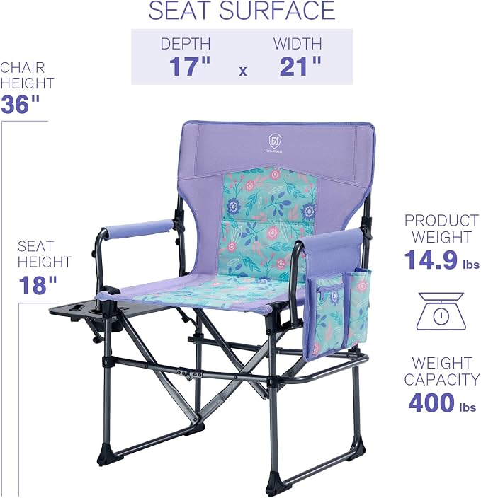 EVER ADVANCED Camping Directors' Chair with Side Table, Portable Folding with Compact Size, Heavy Duty Lawn Chair with Pocket for Camping, Lawn, Sports and Fishing, 400lbs, Purple
