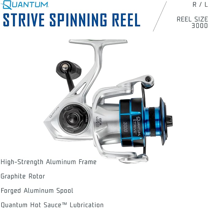 Quantum Strive Spinning Fishing Reel, Rigid Aluminum Frame, Graphite Rotor, Sealed Design, CFX200 Carbon Fiber Xtreme Drag, Silver/Blue