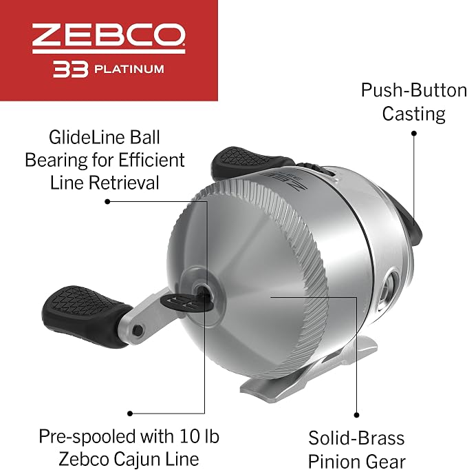 Zebco 33 Platinum Spincast Fishing Reel, Size 30 Reel, Right or Left-Hand Retrieve, 4.7:1 Gear Ratio, Pre-spooled with 10 lb Zebco Cajun Line, Silver