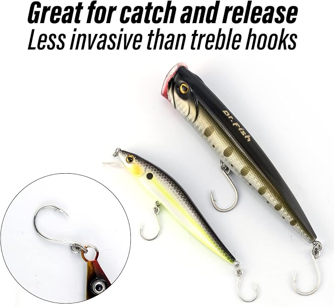 Dr.Fish 30 Pack Single Replacement Hooks for Hard Lures Inline Fishing Hooks High Carbon Steel Spinner Jerkbait Crankbait Popper Walking Bait Plugs