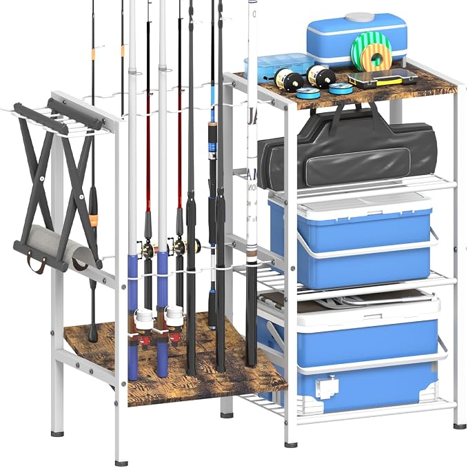 Fishing Rod Holders for Garage, Fishing Pole Holder Stand with Multifunctional Hook, 4 Tier Fishing Gear Equipment Organizers Rack, Fits Most Rods of 1.58" for Home Entryway Corner