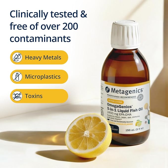 Metagenics OmegaGenics EPA-DHA 2400 mg - High Potency Liquid Fish Oil Supplement for Heart Health & Immune Support* - Sustainably Sourced - Lemon Flavor - Non-GMO & Gluten-Free - 30 Servings