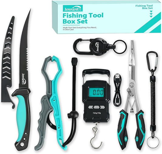 Jenseits Fishing Tool Kit, Fish Gripper, Fishing Pliers, Digital Fish Scale, Fillet Knife, Hook Remover & Fishing Accessories Set, Freshwater Saltwater Fishing Gear, Fishing Gifts for Men Angler