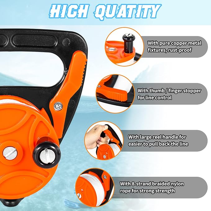 Compact 150ft Scuba Dive Reel Kayak Anchor with Thumb Stopper for Safety Underwater Diving Snorkeling