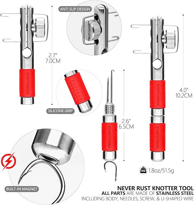 SAMSFX Fishing Stainless Steel Hook Tier, Knot Tying Tool, Loop Tyer, Hook Remover and Zinger Retractors Combo