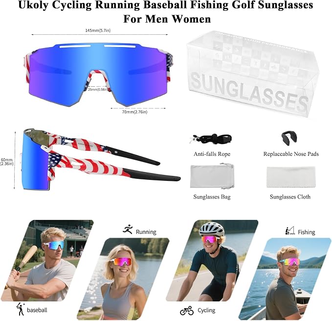 Ukoly Cycling Sunglasses for Men Women with 3 Interchangeable Lenses, Polarized Sports Sunglasses, Baseball Sunglasses