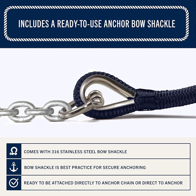 RainierSupplyCo Boat Anchor Rope - Double Braided Marine Rope Anchor Line - 50 ft x 3/8 Inch Nylon Boating Line with 316 Stainless Steel and Heavy Duty Marine Grade Bow Shackle - Navy Blue