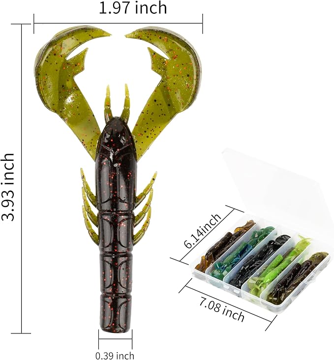 Soft Plastic Craw Baits 25-Pack, 4in Jig Trailer Creature Lures with Big Claws for Bass Fishing, Crawfish Soft Bait for Freshwater
