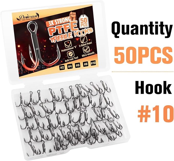 Dovesun Fishing Treble Hooks, Triple Hooks 3X Strong Professional V, 50PCS High Carbon Steel Replacement Fishing Hooks for Saltwater and Freshwater, Sizes #10#8#6#4#2