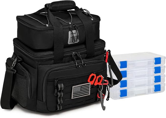 Fishing Tackle Bag, Equipped With 4 Tackle Boxes and Detachable Reel Storage Pouch, Waterproof Fishing Gear Organizer, Durable Angling Equipment, Featuring an Adjustable Shoulder Strap
