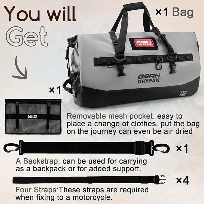 OSAH DRYPAK Waterproof Duffel Bag 25L/40L/60L – Heavy-Duty Motorcycle Tail Bag, Roll-Top Dry Bag for Travel, Camping, Boating, Kayaking, Outdoor Adventure