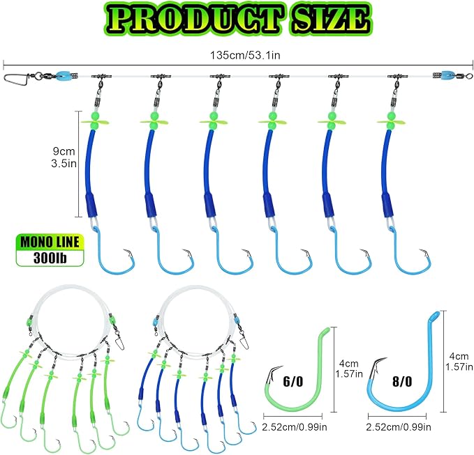 Pre-Rigged Deep Drop Saltwater Rigs – Glow Tubes, Hooks, Beads & Spinner Blade – 6/0 8/0 Circle Hooks for Snapper/Grouper/Tilefish (3/6 Hooks)