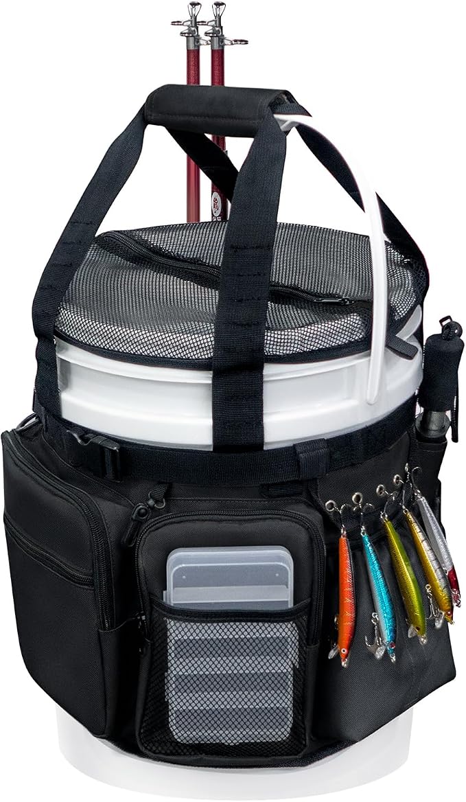 Fishing Bucket Organizer with Bucket Cover Fishing Tackle Bag with Rod & Plier Holder, Multi-Pockets for 5 Gallon Bucket Fishing Gear & Accessories Father Gifts