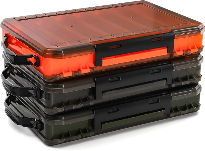 Noamus 3 Pack Double Sided Fishing Lure Boxes, 14 Compartments Fishing Tackle Organizer with 2 Buckle, Plastic Clear Storage Case, Visible Hard Bait Container for Jewelry Beads Earring Hook(3 Color)