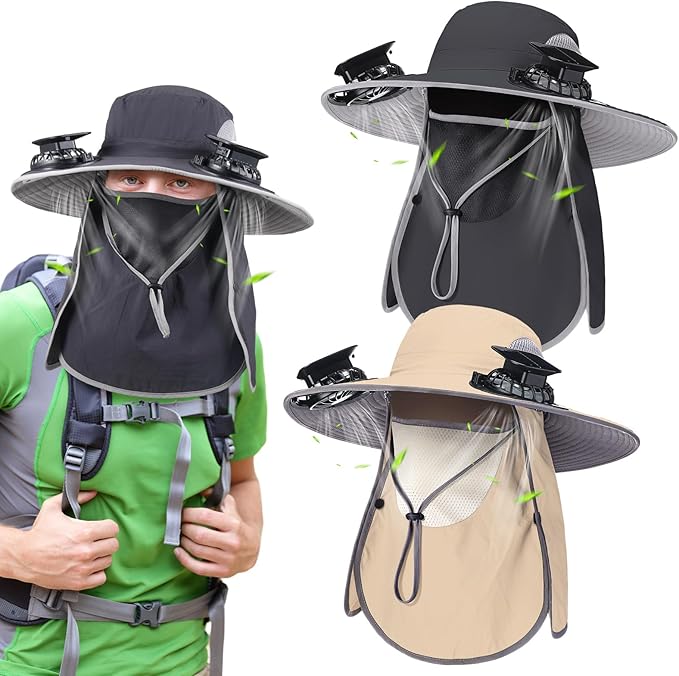 Glitopper 2 Pcs Solar Fan Hat with 2 Fan Wide Brim Removable Face Cover Cooling Fishing Buckets Hats