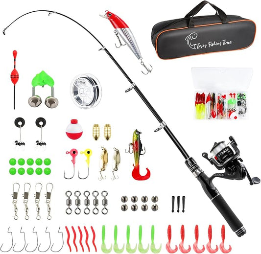 Fishing Pole Kit, Carbon Fiber Telescopic Fishing Rod and Reel Combo with Spinning Reel, Line, Bionic Bait, Hooks and Carrier Bag, Fishing Gear Set for Beginner Adults