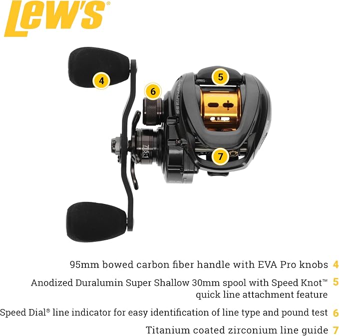 Lew’s Custom Lite SS Baitcast Fishing Reel, 10+1 Double Shielded Bearings, 7.5:1 Gear Ratio, Super Shallow 30 mm Spool, Tanso Tech Frame, Carbon Fiber Drag, Carbon Gray