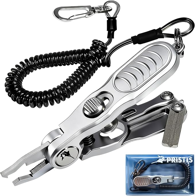 Pristis 4-in-1 Fishing Line Cutter, Fly Tying Scissors with O Ring Spliter, Nippers, Lure Eye Cleaner and Hook Sharpner Kit, Stainless Steel Braided Mono Fluoro Clippers, Pliers Tool Accessories