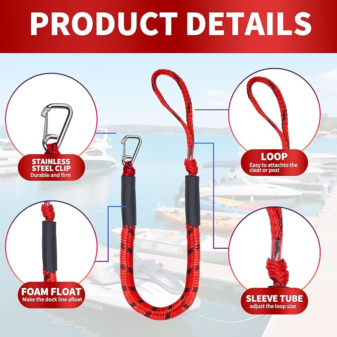 Bungee Dock Line with Stainless Steel Clip – Boat Dock Rope with Foam Float for Kayak, Canoe, Pontoon, Watercraft, SeaDoo, Docking – 4–5.5 ft, 2 Pack（Red&Black）