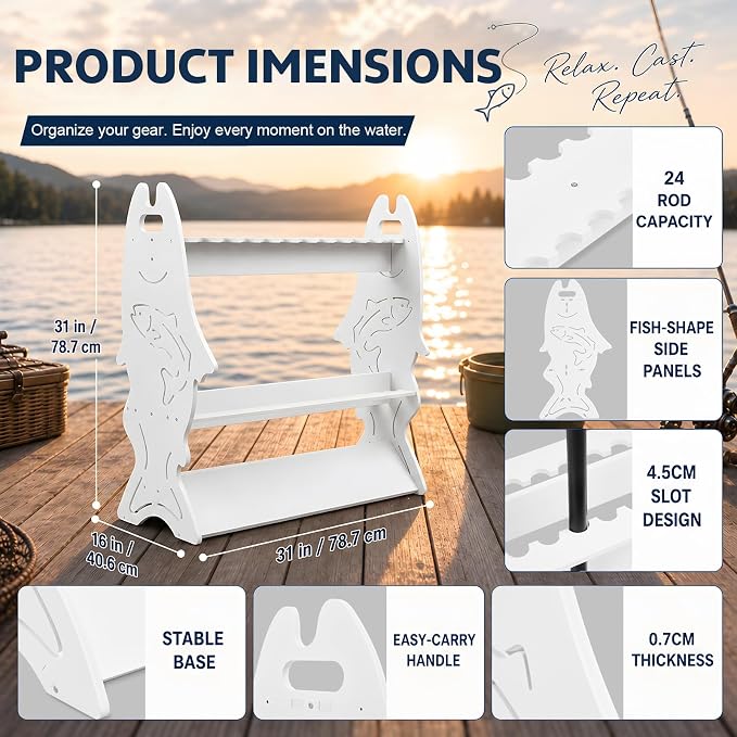 Fishing Rod Rack for 24 Rods, 3 Tier Detachable Design Fishing Pole Holder, Waterproof Outdoor Marlin Rods Organizer for Garage, Boat Dock, Tackle Shop & Boathouse, Gifts for Fishermen, Father's Day