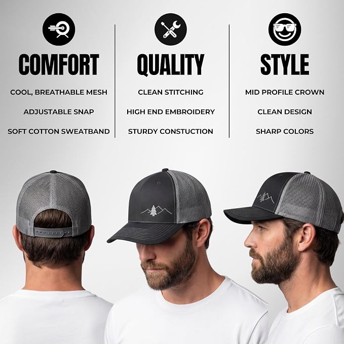 LINDO Trucker Hat [ Great Outdoors Design ] for Men and Women: Mid Profile Cap with Breathable Mesh Back and Adjustable Snap