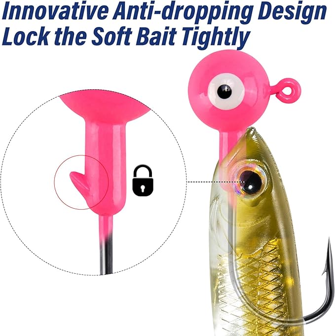 Alwonder 10-Pack Round Fishing Jig Heads, Bass Ball Jigs Hooks 3D Eyes High Carbon Steel 1/8-1/2OZ Pompano Jig Head Saltwater Freshwater Jigs Heads for Fishing Pompano Bass Trout Walleye Striper