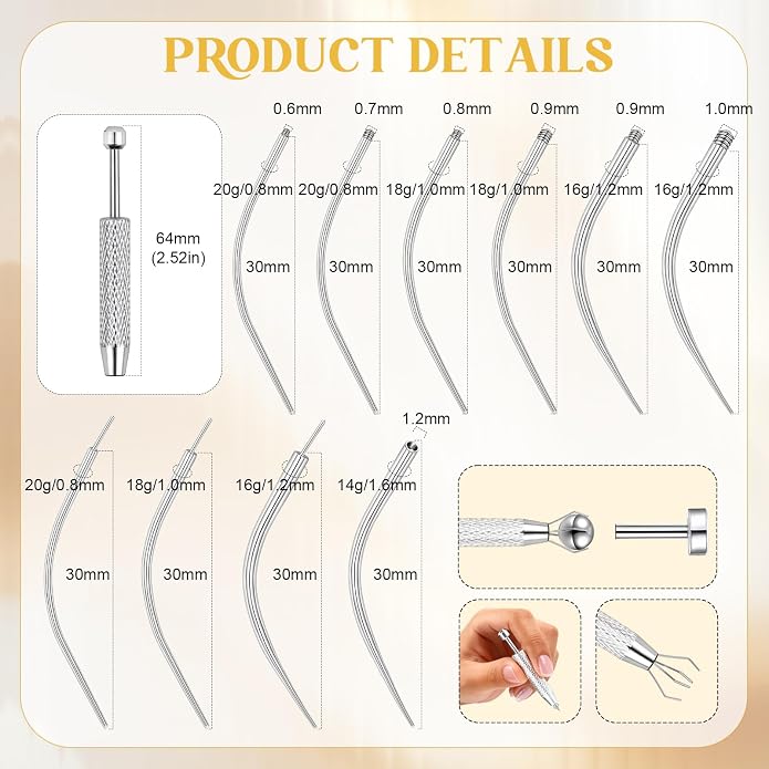 14g/16g/18g ASTM F136 Titanium Piercing Taper Insertion Pin for Internal Thread Tragus/Helix/Lip/Nose/Helix/Piercing Jewelry Cartilage Earrings Labret Nose Studs Stretcher Assistant Tool