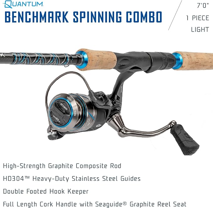 Quantum Benchmark Spinning Reel and Fishing Rod Combo, Graphite Composite Blank, 5+1 Bearings, Silver/Blue